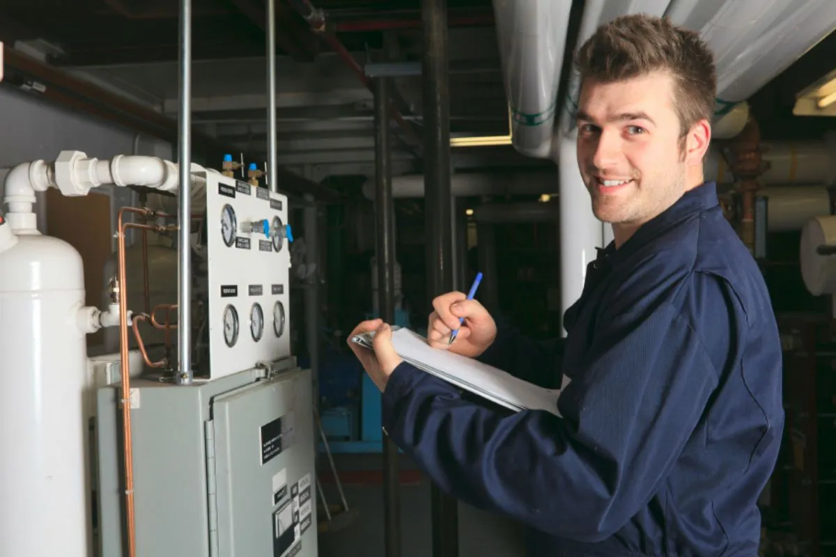 Electrician inspecting building electrical equipment with a clipboard